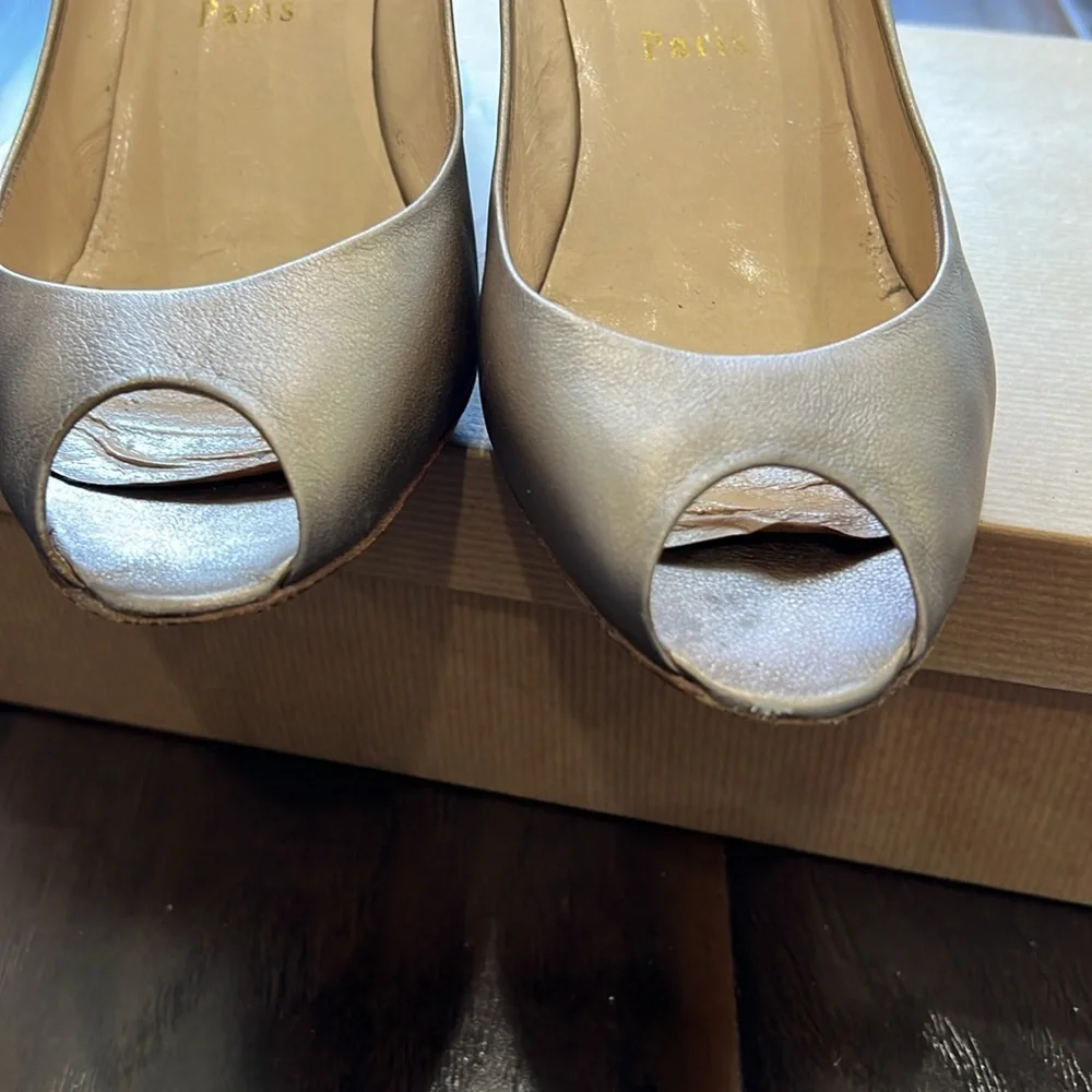 Christian Louboutin Light Gold Matatales 70 Peep Toe Wedges, size 38.5